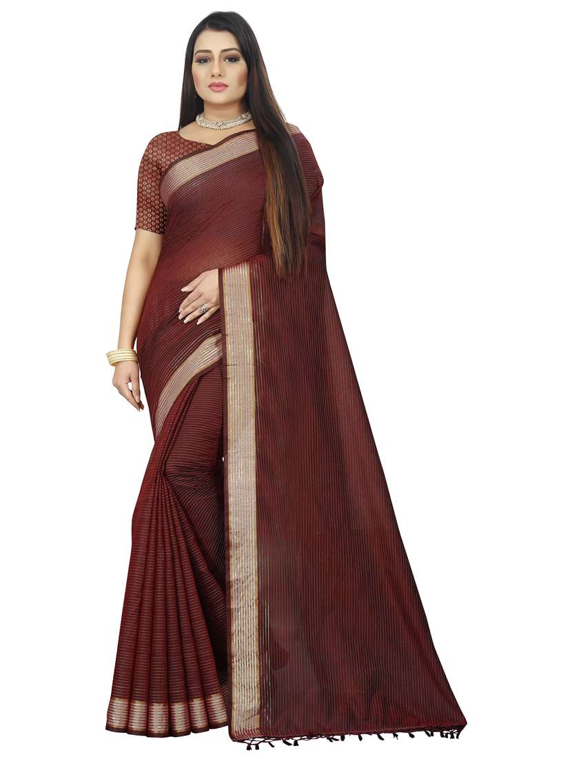 women maroon stripes printed bordered saree