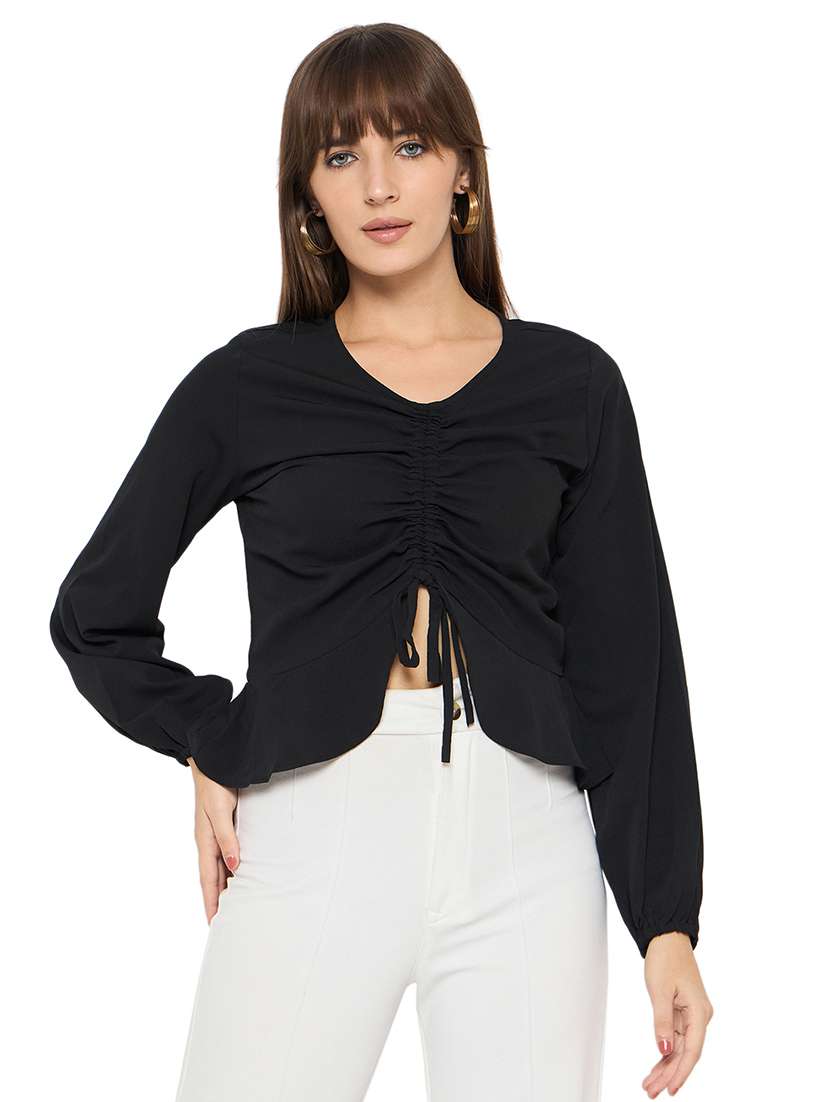 women solid long sleeve ruched top
