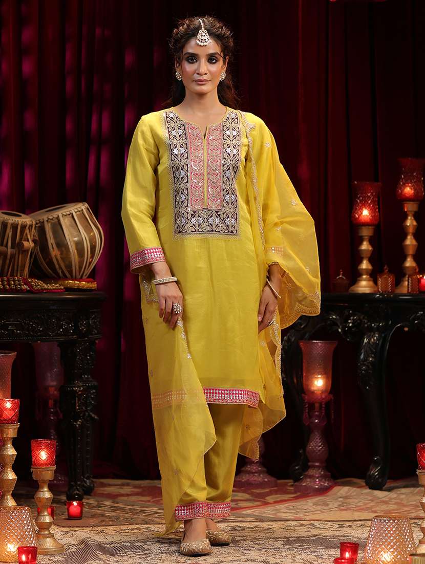 women embroidered kurta sharara with dupatta suit set