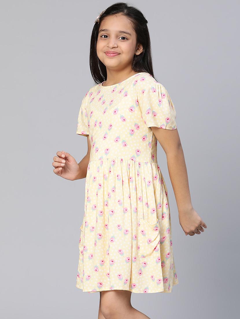 girls yellow floral printed fit & flare dress - 21544651 - Standard Image - 2