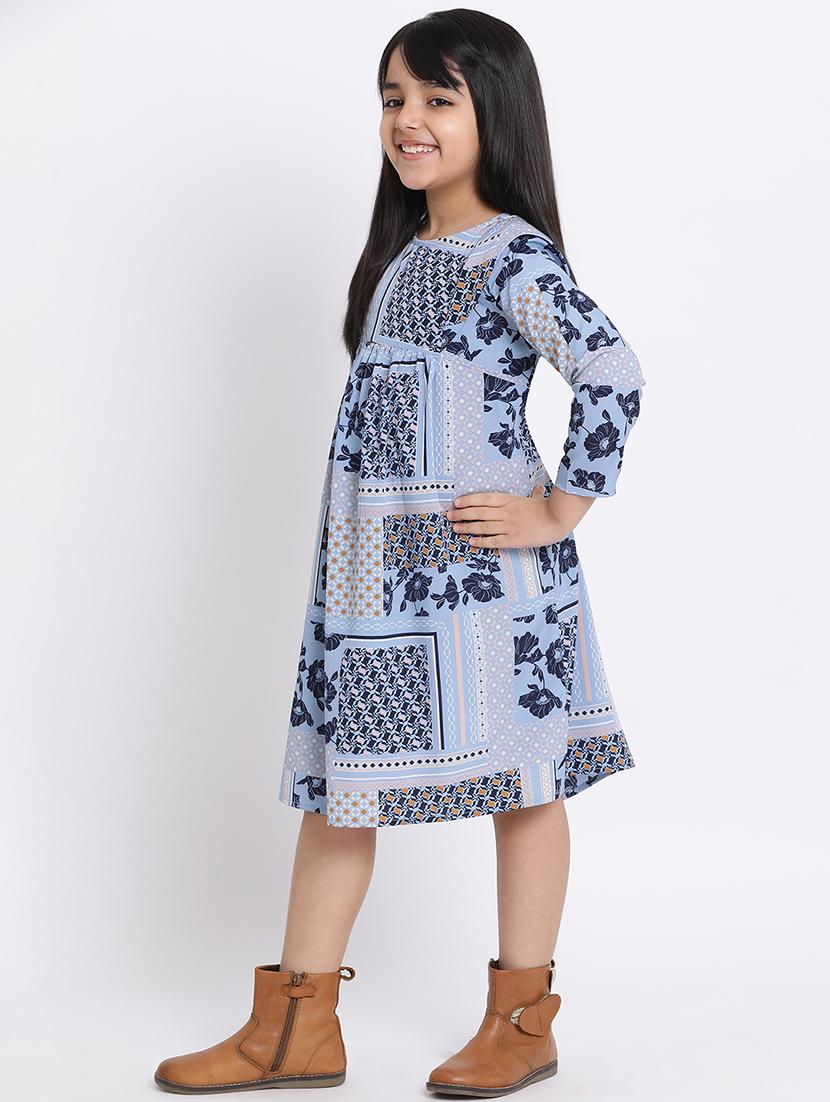 girls blue floral printed fit & flare dress - 21544652 - Standard Image - 2