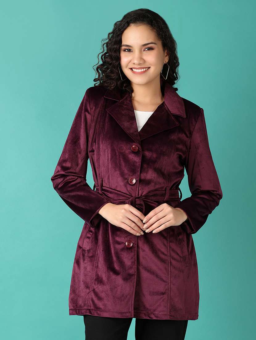 women purple solid full sleeve trench coat