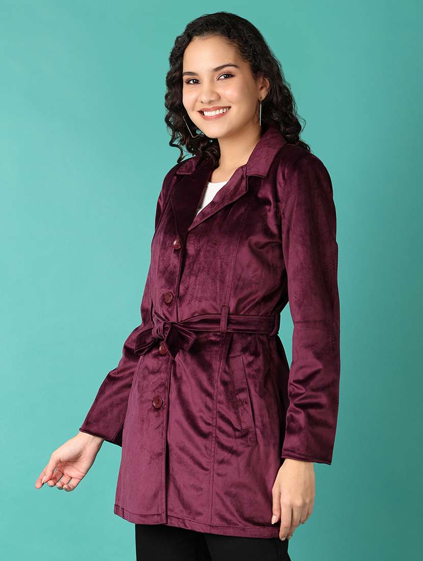 women purple solid full sleeve trench coat - 21544964 -  Standard Image - 2
