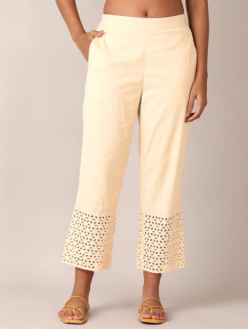 women solid laced hem tapered pant