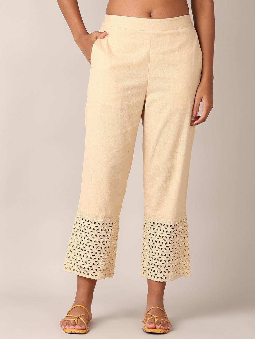 women solid laced hem tapered pant