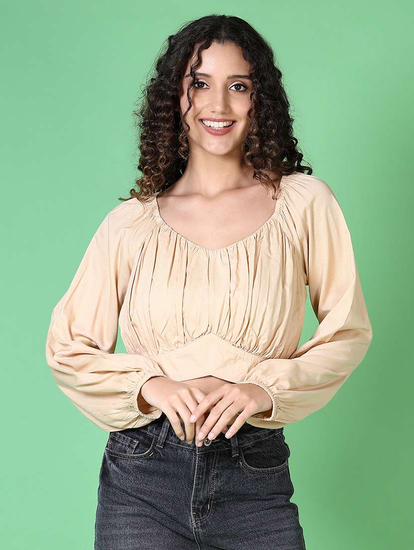 women solid long sleeve crop top - 21545063 - Zoom Image - 0