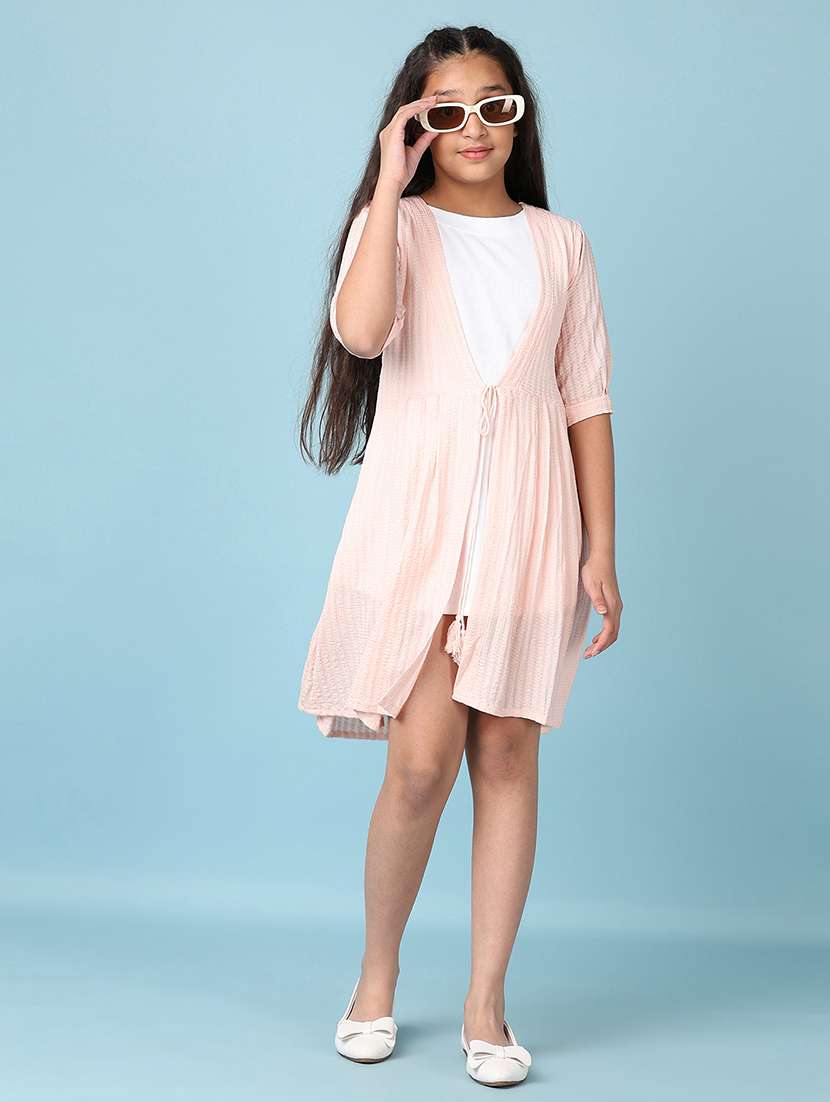 girls peach self design a-line dress - 21545076 -  Standard Image - 2