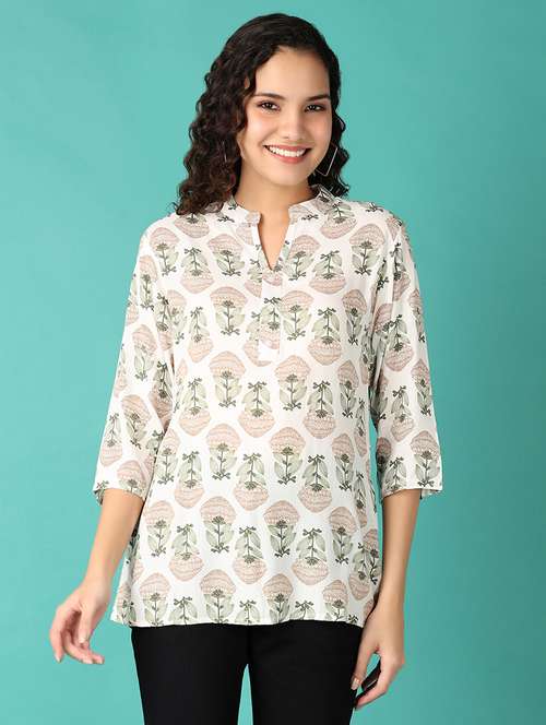 women off-white floral mandarin neck tunic