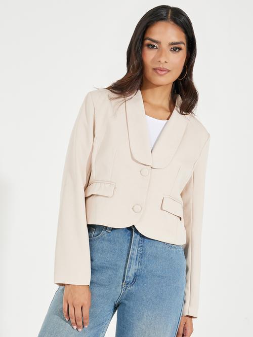women beige solid casual blazer - 21546976 - Standard Image - 0