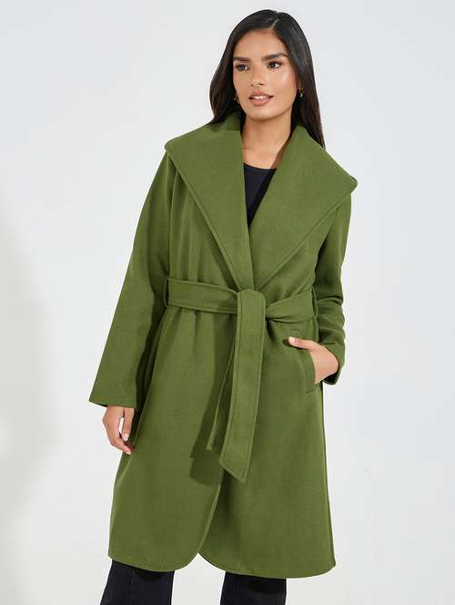women olive solid trench coat - 21546979 -  Standard Image - 0