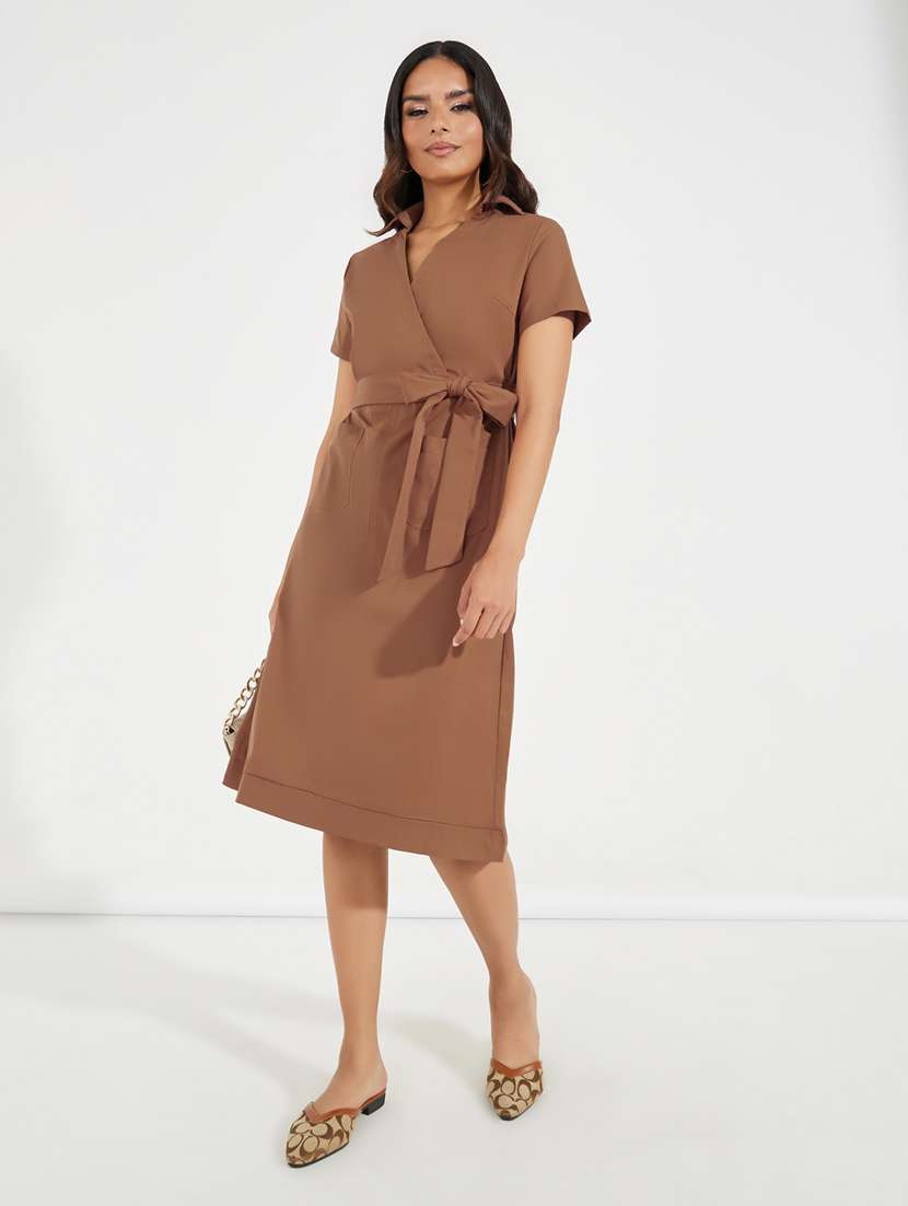 women brown solid wrap dress
