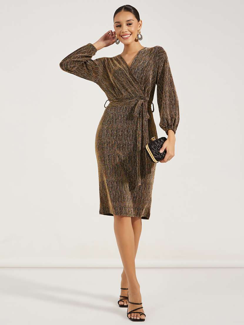 women gold self-designed wrap dress