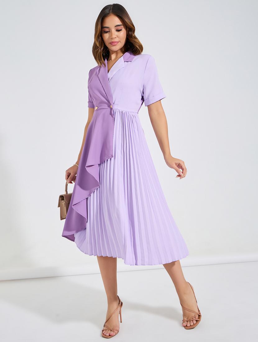 women purple color block wrap dress