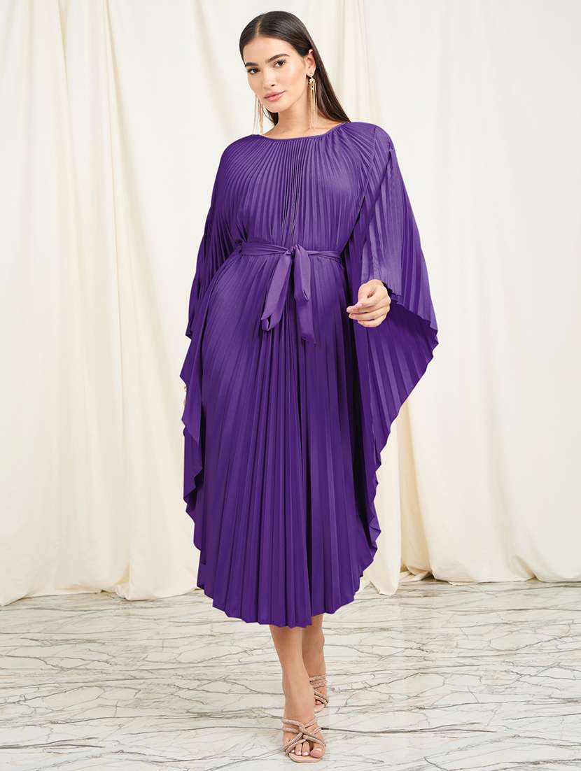 women solid pleated kaftan dress 