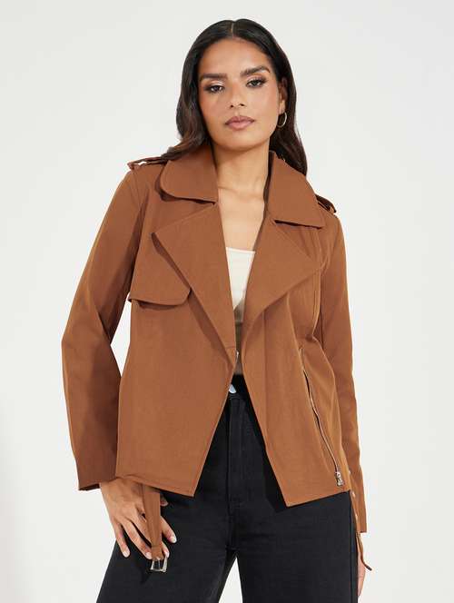 women brown solid biker jacket - 21547018 - Standard Image - 0