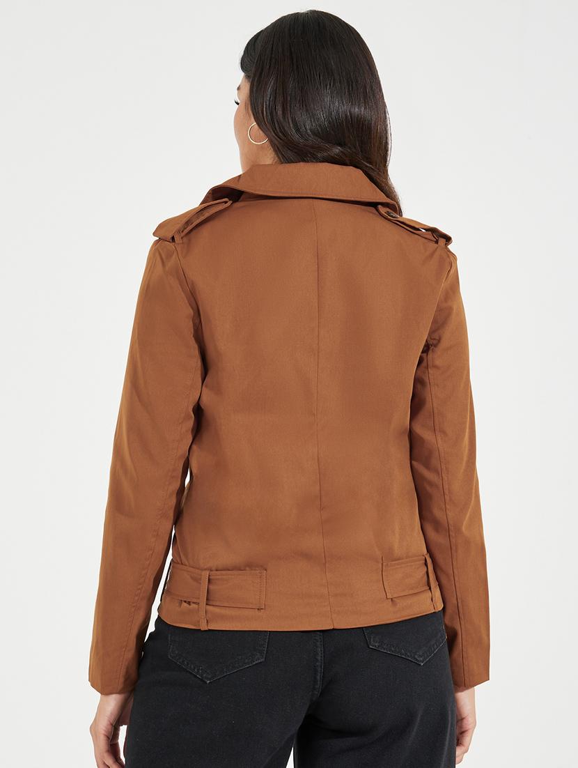 women brown solid biker jacket - 21547018 - Standard Image - 2