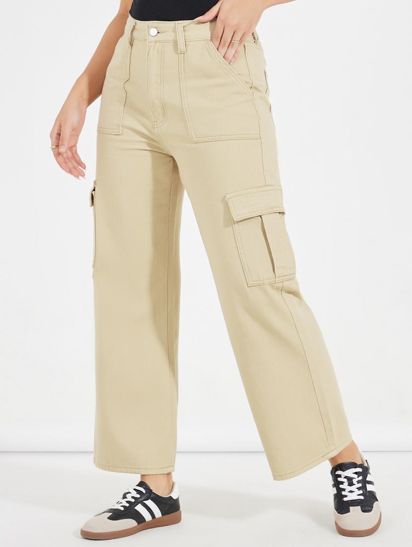women beige solid cargo