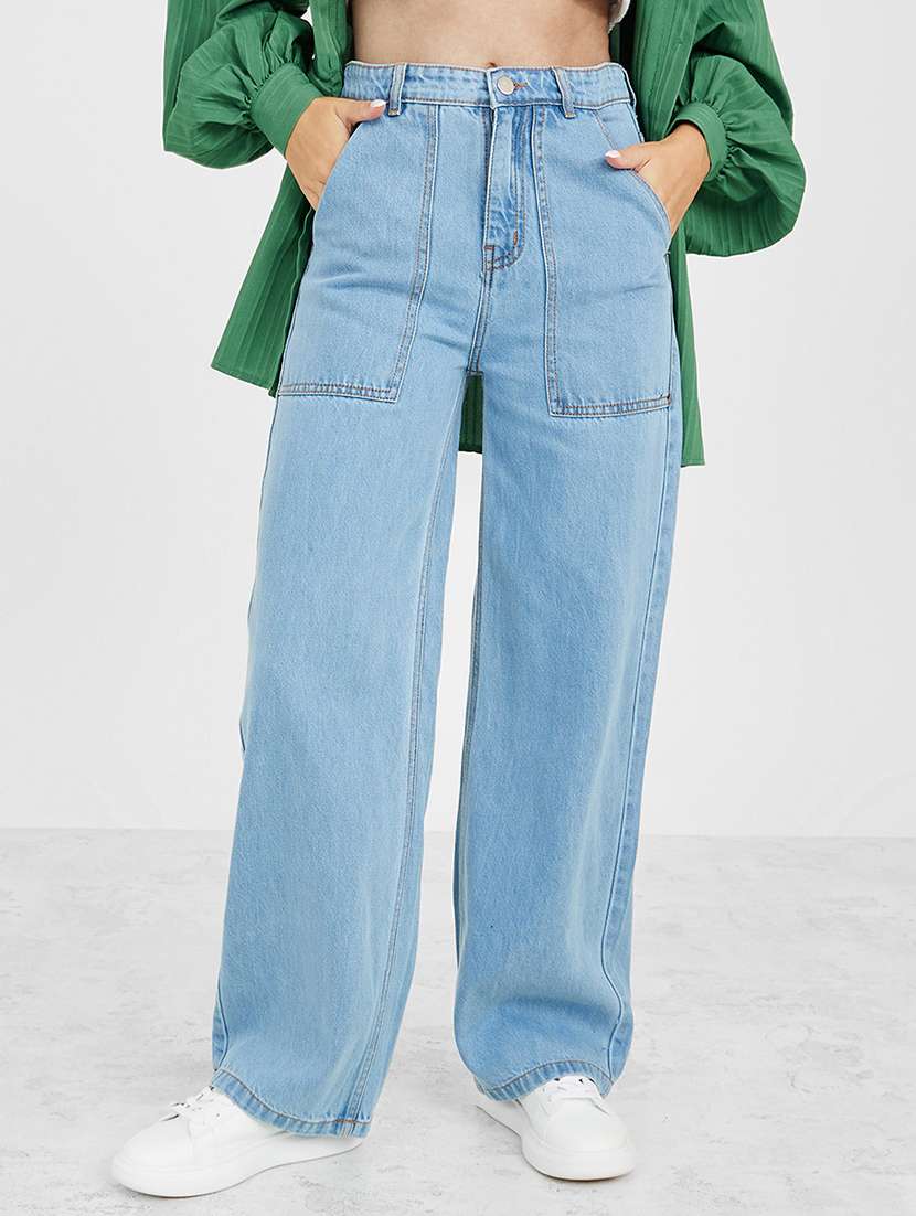 women blue plain wide leg jean