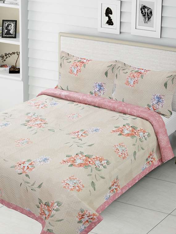 veahome cotton floral king size bedcover - beige