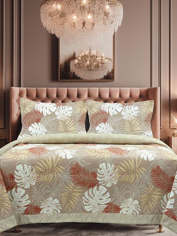 veahome cotton floral king size bedcover - beige