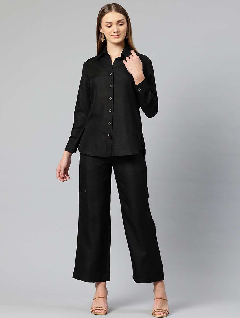 women solid shirt and trouser co-ord set