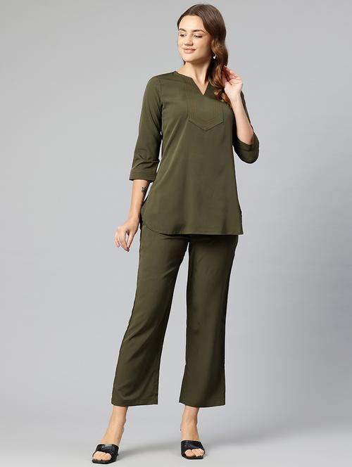 women olive solid top and trouser co-ord set - 21547539 - Standard Image - 0