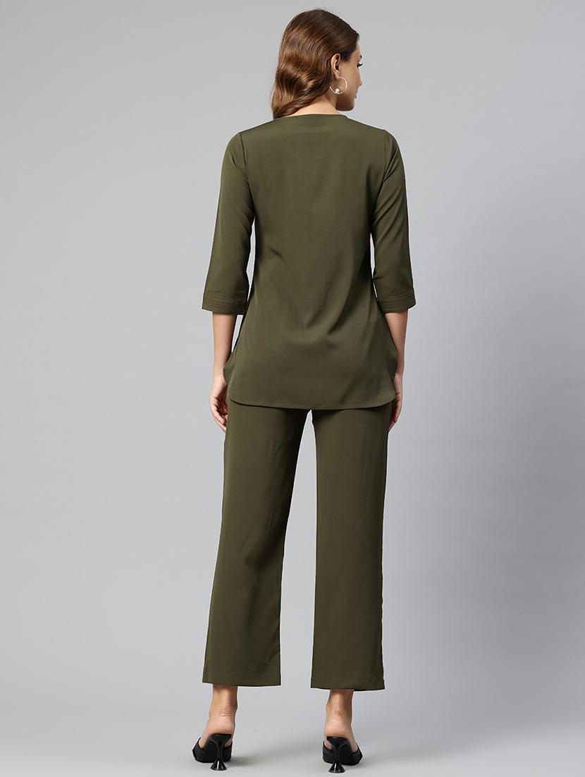women olive solid top and trouser co-ord set - 21547539 - Standard Image - 2