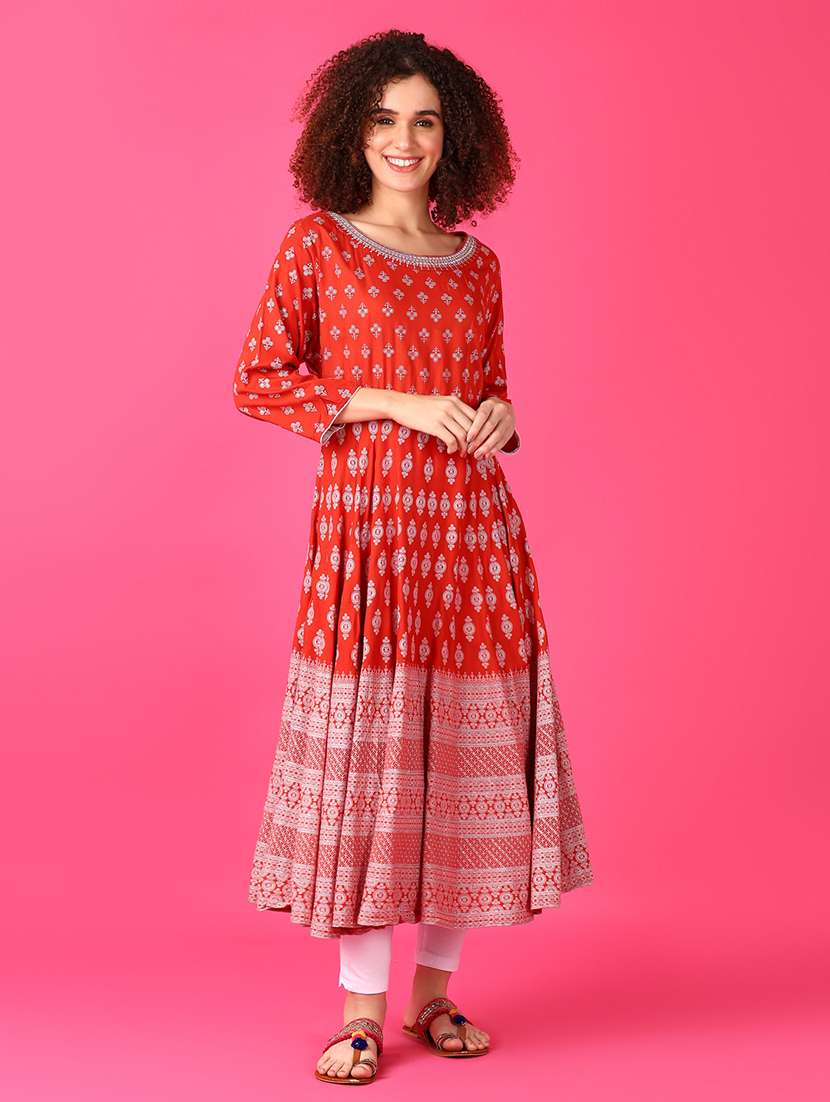 women three quarter sleeve flared kurta - 21547730 -  Standard Image - 2