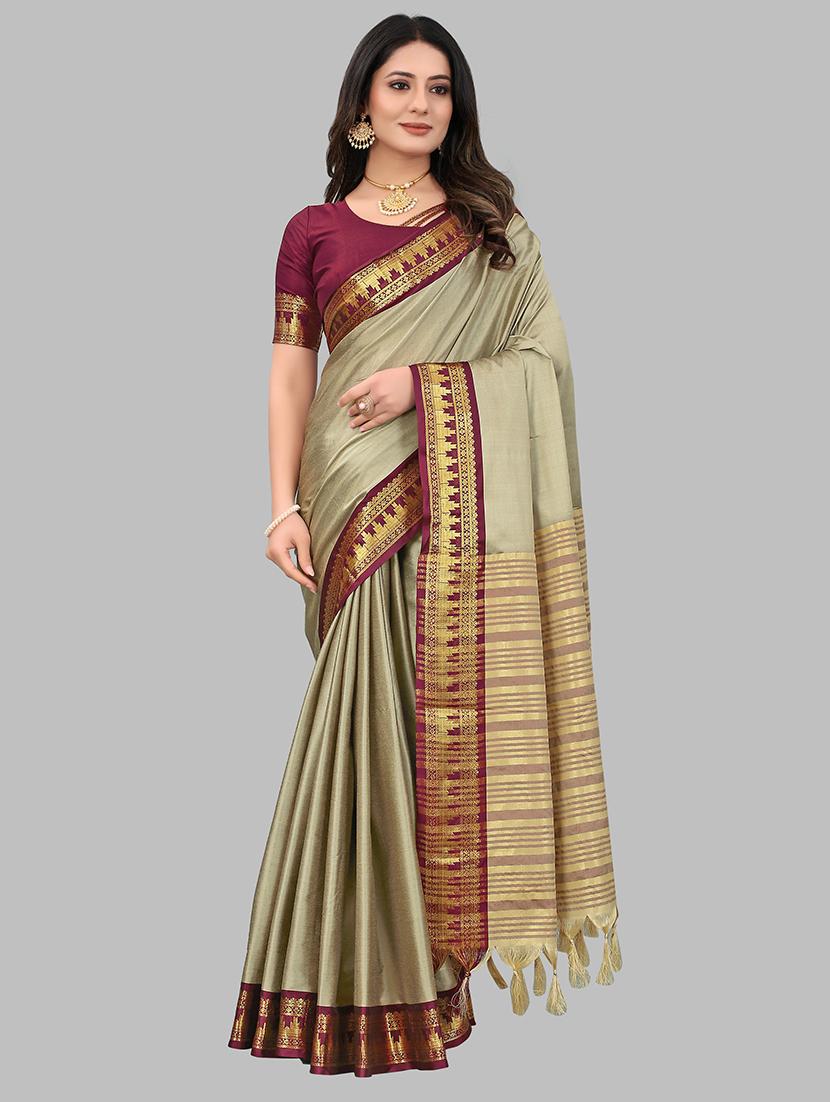 women solid zari bordered saree - 21549806 - Zoom Image - 0
