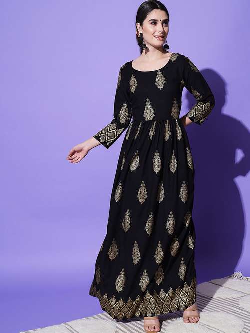 women black foil printed anarkali kurta - 21549936 - Standard Image - 0