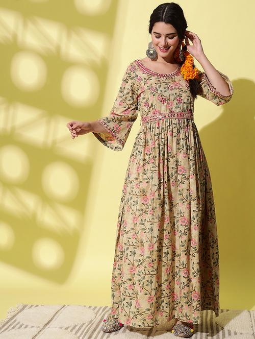 women beige floral printed anarkali kurta - 21549945 -  Standard Image - 0