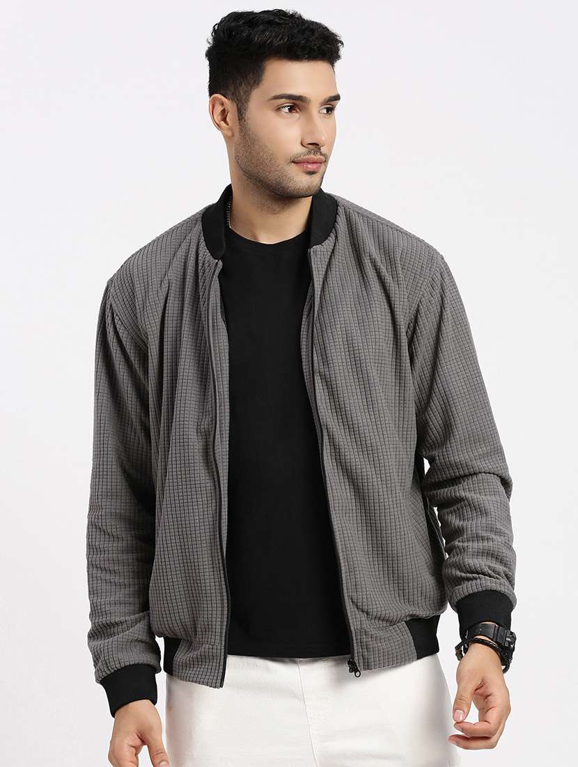 men solid henley collar casual jacket