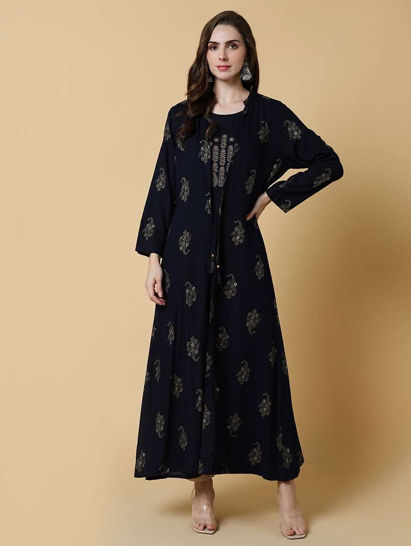women round neck a-line kurta with printed jacket 