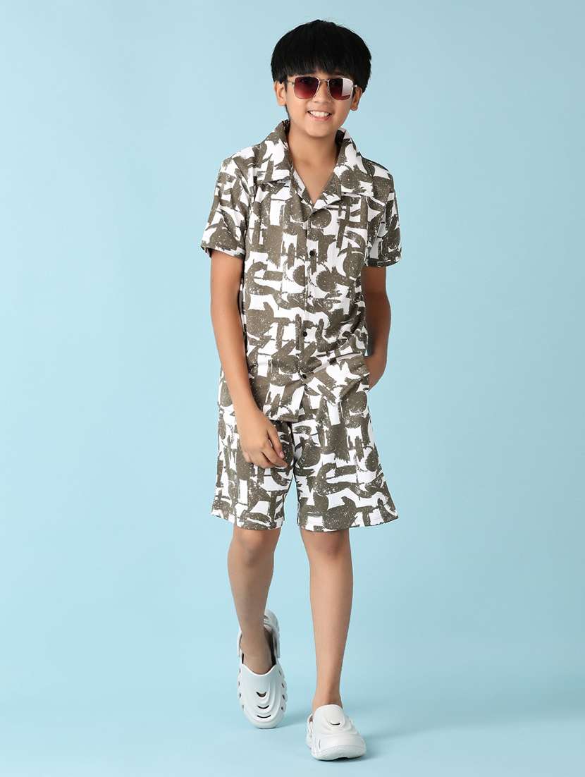 boys olive printed shorts set