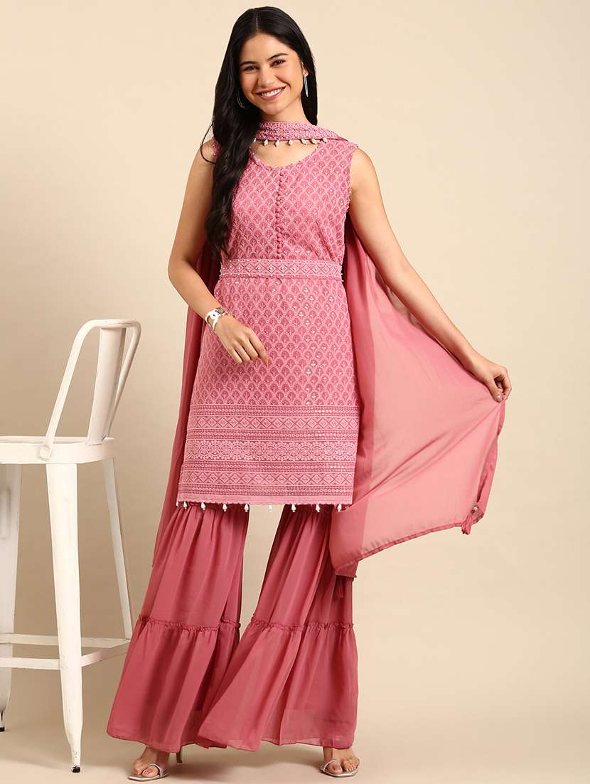 women embroidered kurta sharara with dupatta set