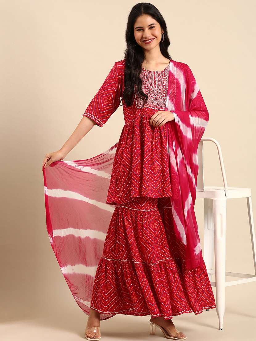 women printed kurta sharara with dupatta set