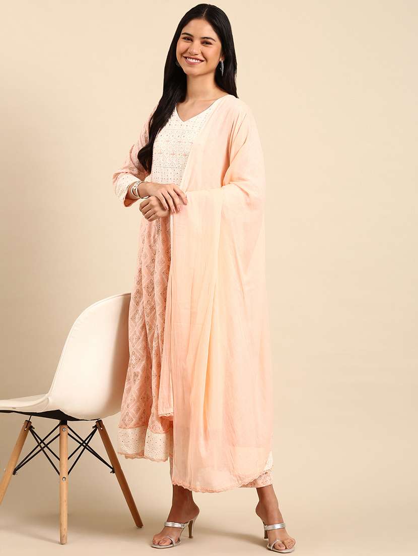 women three quarter sleeve kurta pant with dupatta set