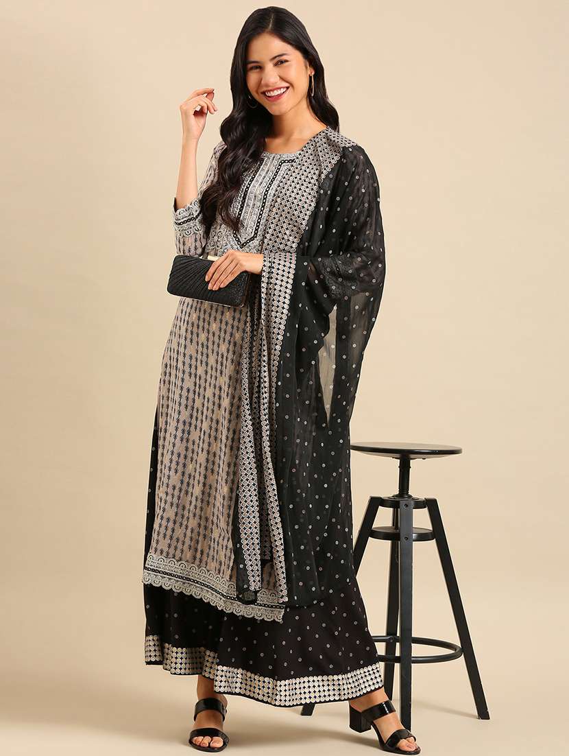 women grey printed kurta palazzo with dupatta set