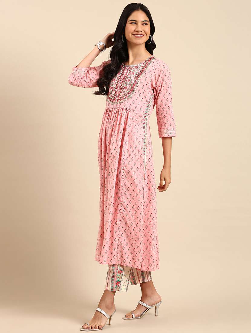 women pink floral printed kurta pant set with dupatta