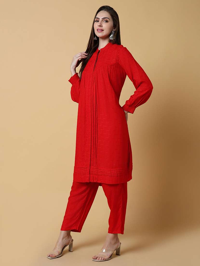women red self design long sleeve kurta pant set - 21550407 -  Standard Image - 2