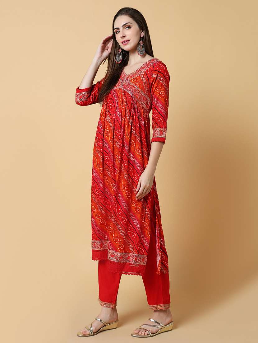 women bandhani v neck kurta pant set with dupatta - 21550416 -  Standard Image - 2