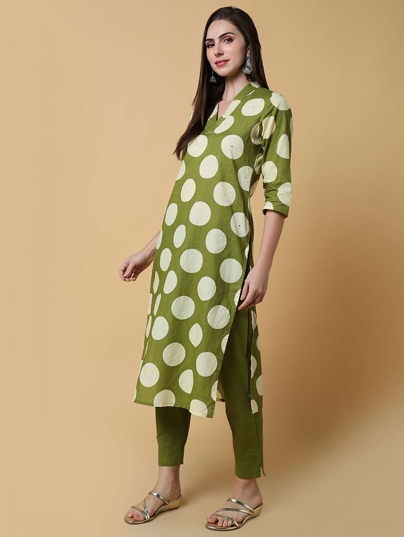 women green polka dot printed kurta pant set - 21550421 -  Standard Image - 2