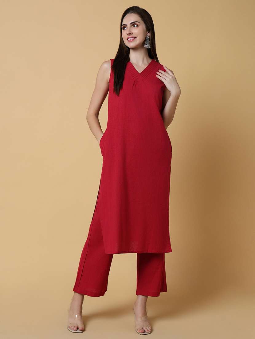 Women Red Solid Kurta Pant Set - 21550431 -  Standard Image - 2