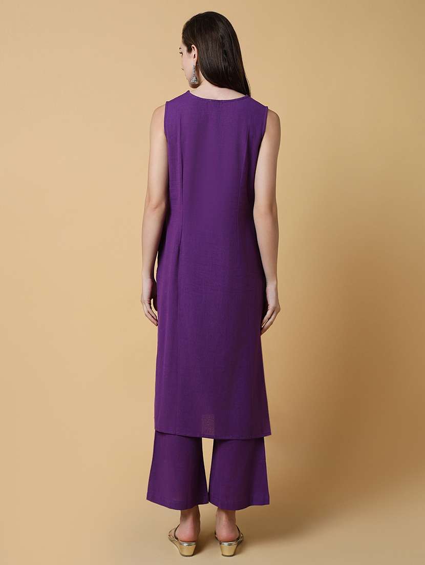Women Purple Solid V-neck Kurta Pant Set - 21550432 -  Standard Image - 2