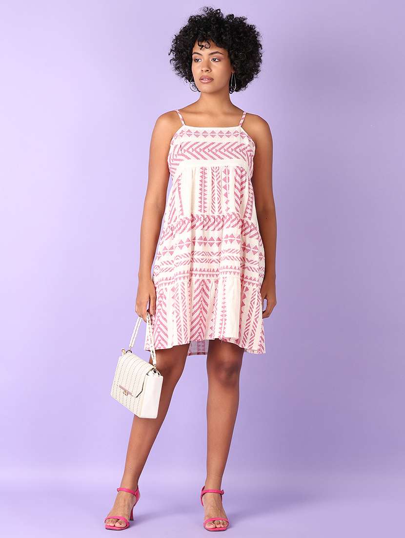 women off white printed sleeveless tiered dress