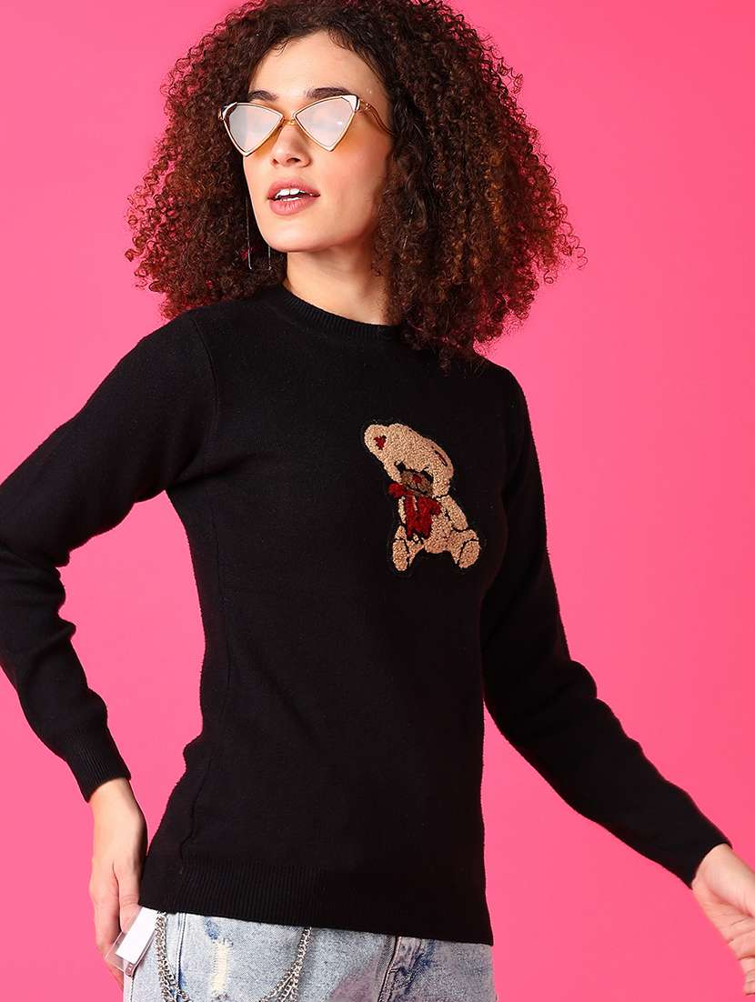 women black patch work long sleeve pullover sweater - 21550557 -  Standard Image - 2