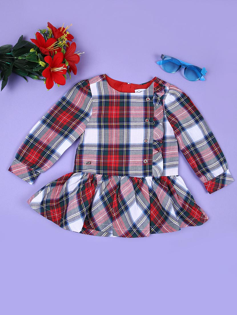 girls red checkered round neck frock