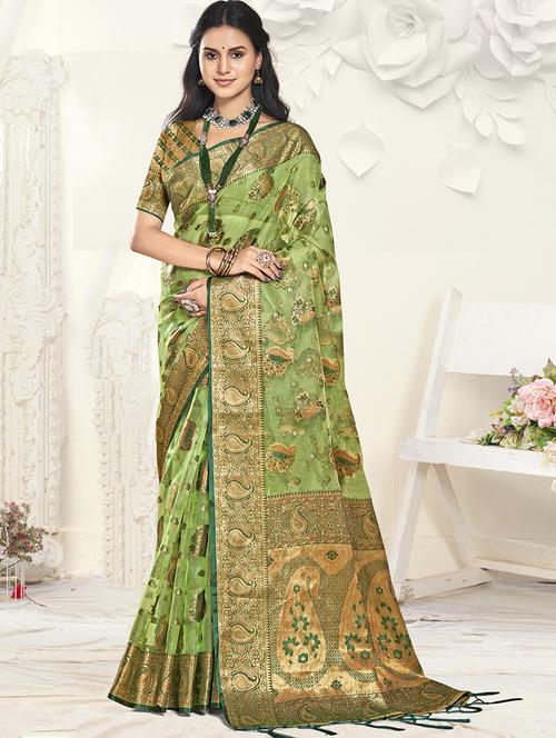 green organza handloom saree with blouse - 21551397 - Standard Image - 0