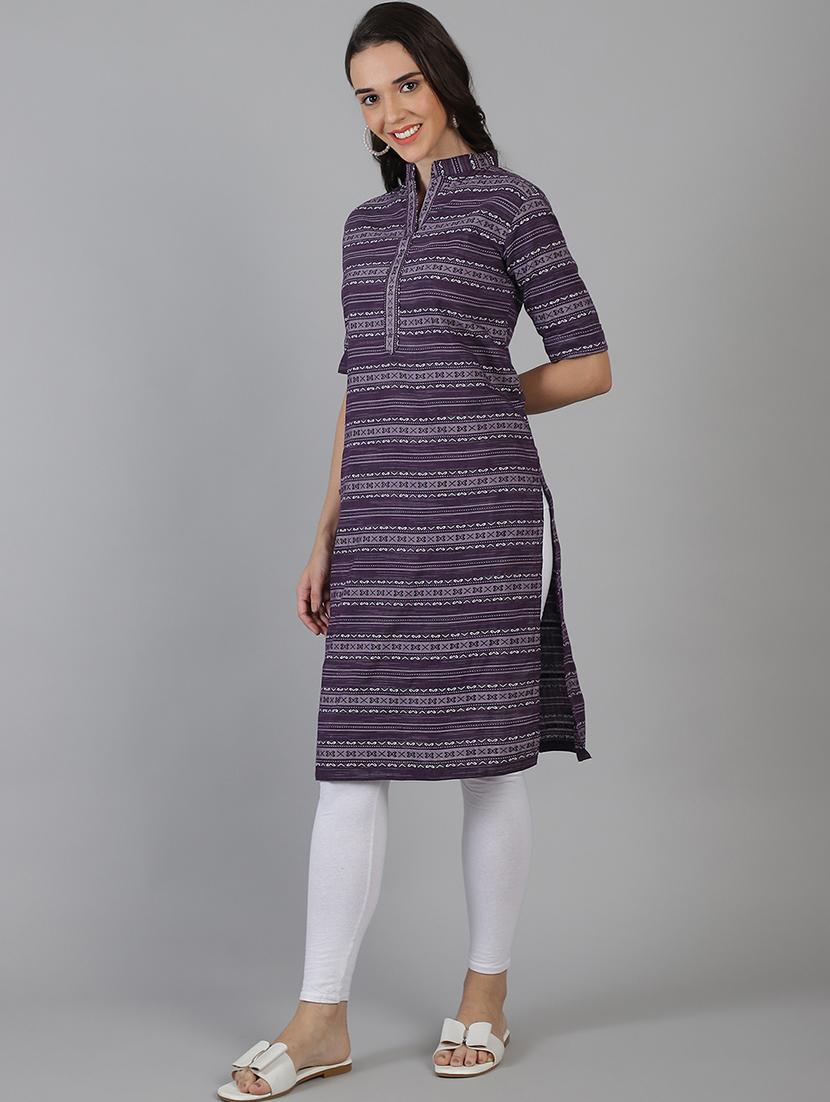 women purple self design mandarin neck straight kurta - 21551434 - Standard Image - 2