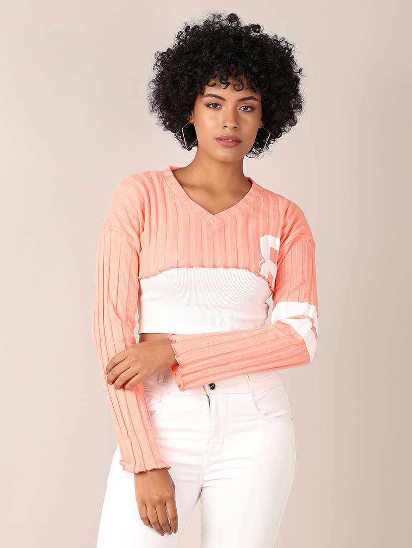 women printed long sleeves crop t-shirt